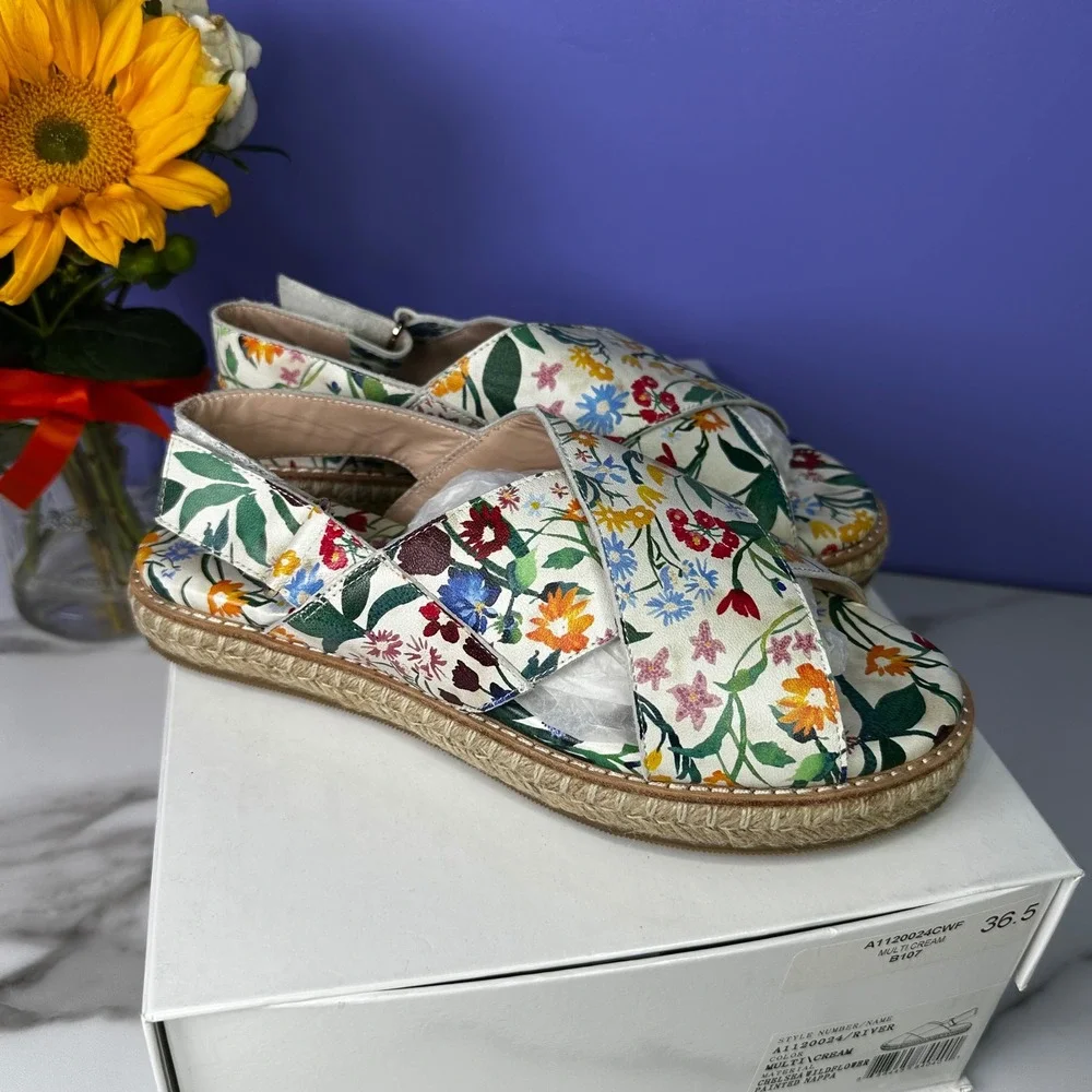 Alice + Olivia River Espadrille Sandals Floral Print Leather Size 36.5 US 6‎